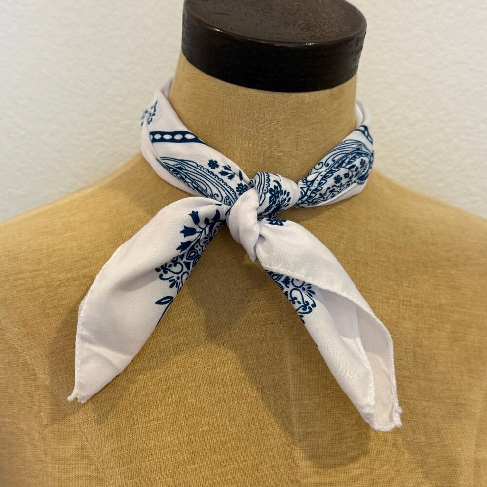 Blue White Western Cowboy Cowgirl Bandana Square Neck Scarf - Picture 2 of 4
